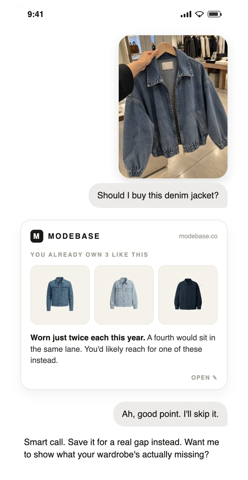In a ChatGPT chat, asking Modebase whether to buy a denim jacket; it shows the three similar ones already owned, worn twice each this year, and the reply is to skip it